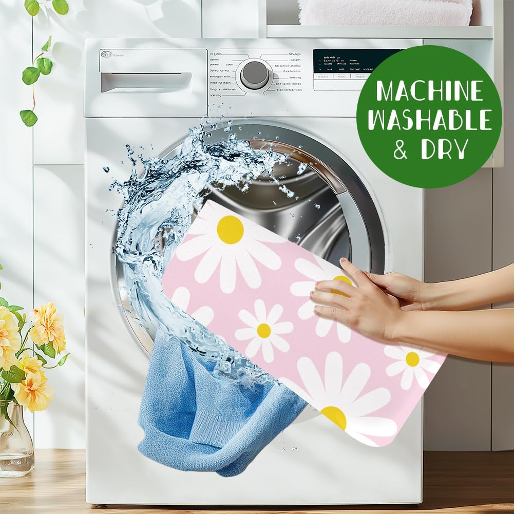 Daisy Dish Drying Mat 17.7x23.6 Inch Watercolour Daisy Absorbent Mat Pink Floral Dish Drying Pad Rustic Farmhouse Placemats White Flower Absorbent Pad for Table Countertop Sink Coffee Bar