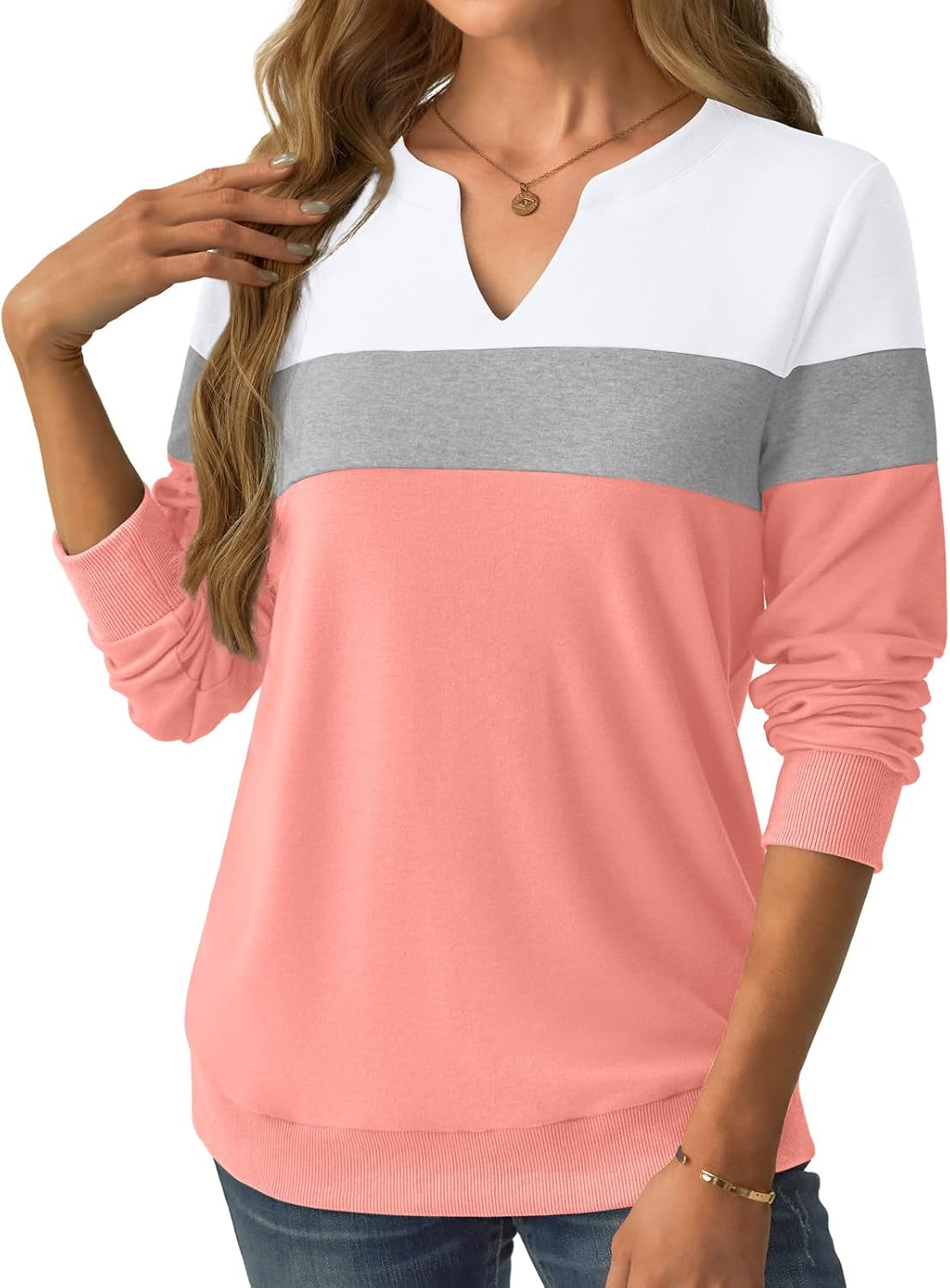 Womens Sweatshirts Long Sleeve V Neck Tops Fall Winter Basic Casual Lightweight Pullover Shirt