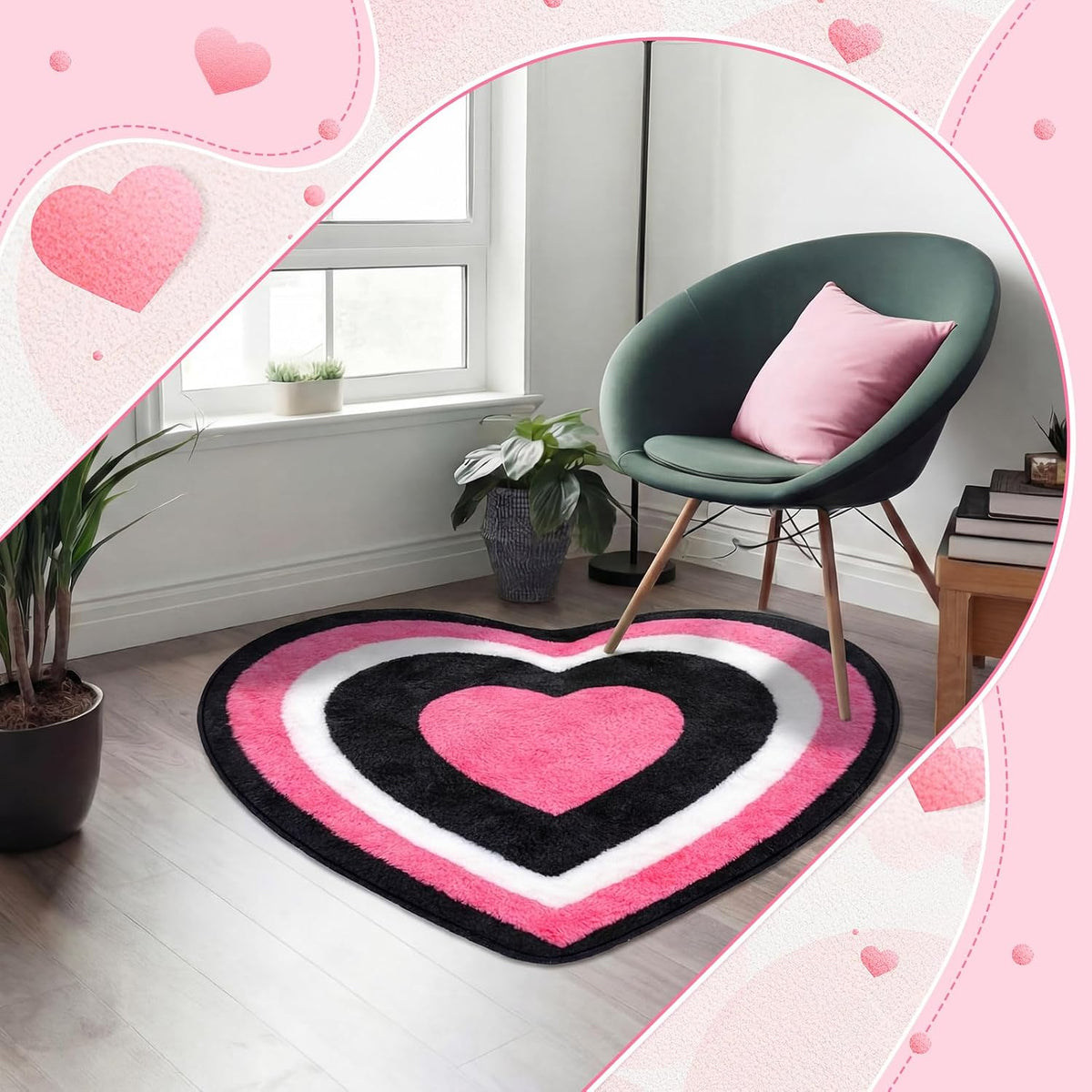 1 Pcs Beach Bathroom Rug Heart, Black&Pink