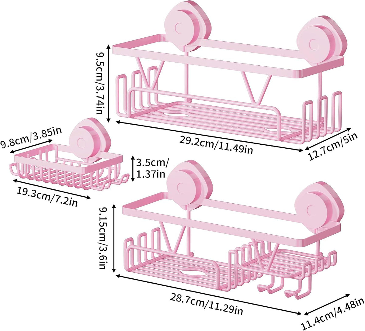 Suction Cup Shower Caddy 3 Pack, Bathroom Storage Shelf, Pink