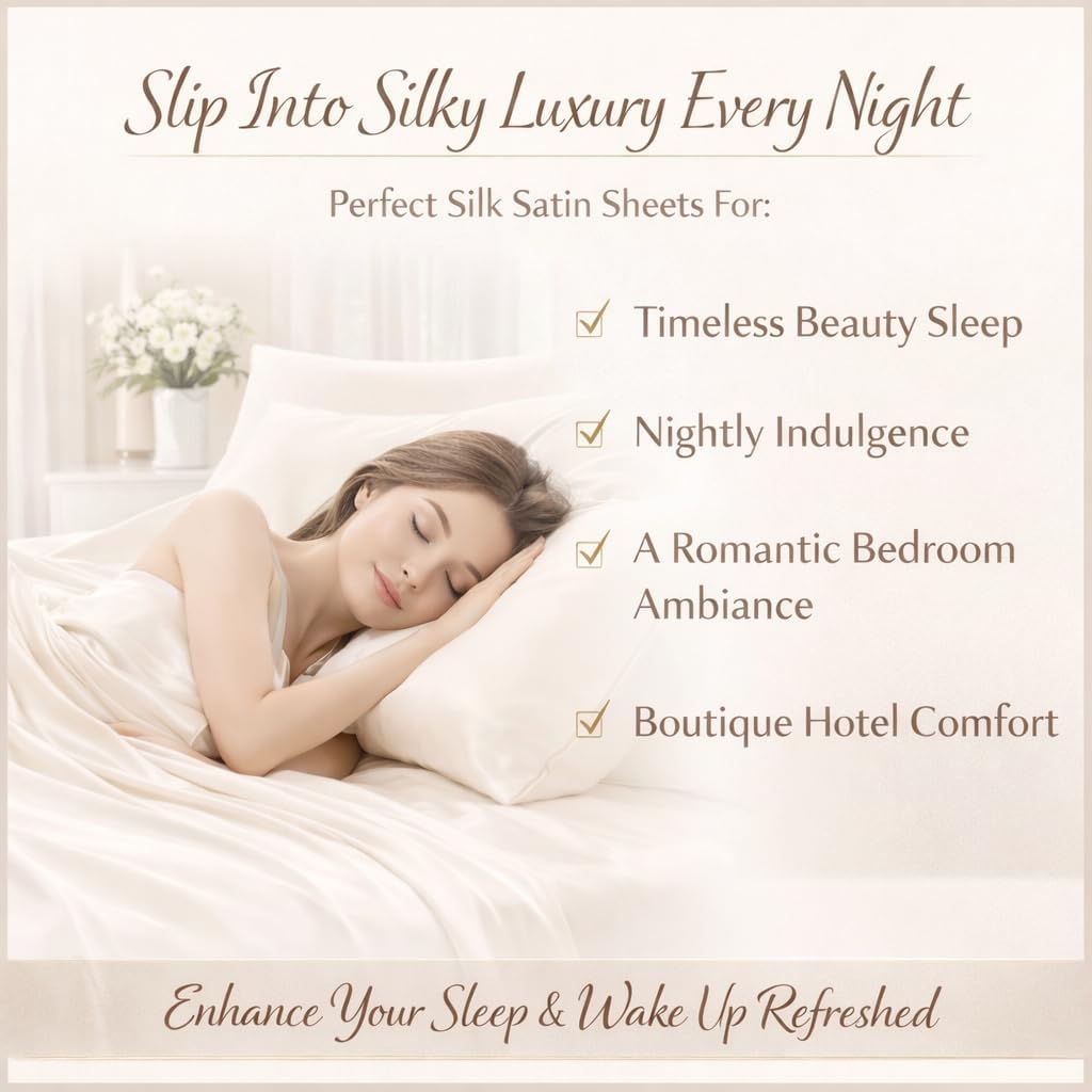 Silk Satin Sheet Set 4 Piece Queen – Luxury Soft Bed Sheets with Flat Sheet, Fitted Sheet & 2 Pillowcases, Cooling Breathable Satin Bedding Set.(Peach, Queen)
