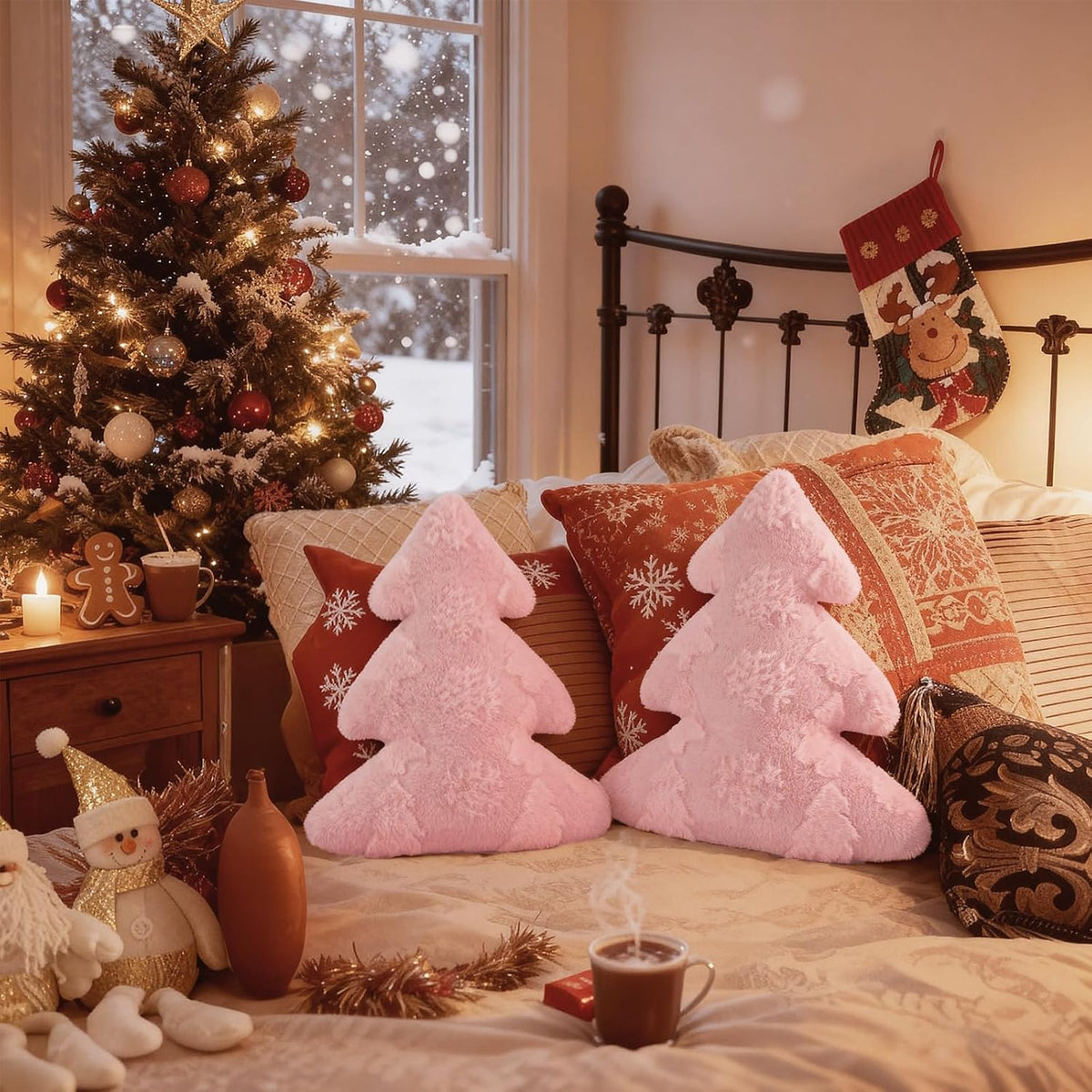 Christmas Tree Pillows Set of 2, Snowflake & Tree Christmas Decoration Winter Soft Cute 3D Shaped Xmas Tree Throw Cushion for Sofa Bedroom Xmas Decor (18x16 inch, Pink)