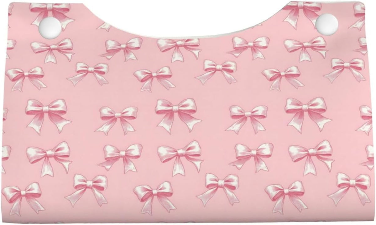 Ribbon Bow Pink Print Long Leather Tissue Box Cover Holder, Foldable Modern Tissue Box Cover, Aesthetic Desk Accessories for Bathroom Tabletop Office Car Home Decor