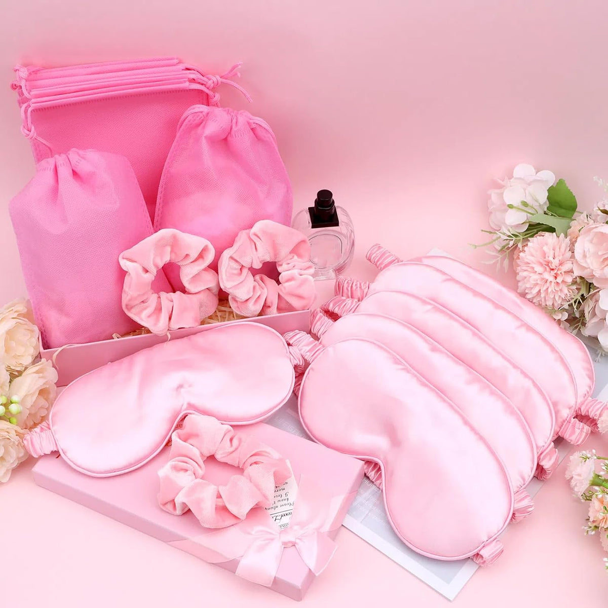 18 Pcs Sleepover Party Supplies, 6 Pink Satin Sleep Eye Masks, 6 Pink Velvet Scrunchies