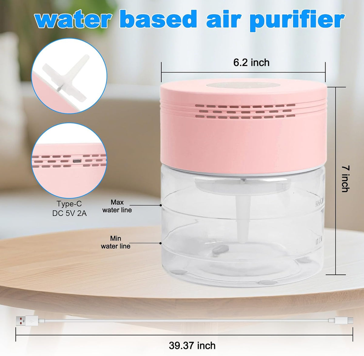 Water Air Purifiers for Home, Water Based Air Purifiers, Quiet 3-Speed Air Washer Aroma Diffuser, 8-Color Light Air Revitalizer, 24H Auto Shut-off Humidifier for Bedroom, Office, Living room, Pink