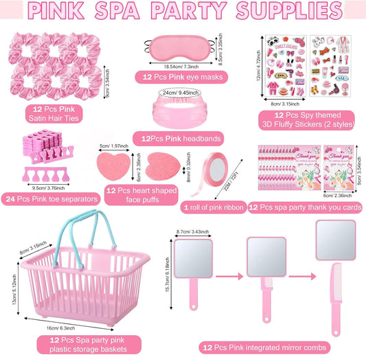 121 Pcs Spa Party Favors Women Spa Sleepover Party Supplies Include Basket Eye Mask Facial Sponge Mirror Comb Hair Circle Headband Toe Separator Stickers Card Ribbon Female Gift(Pink)