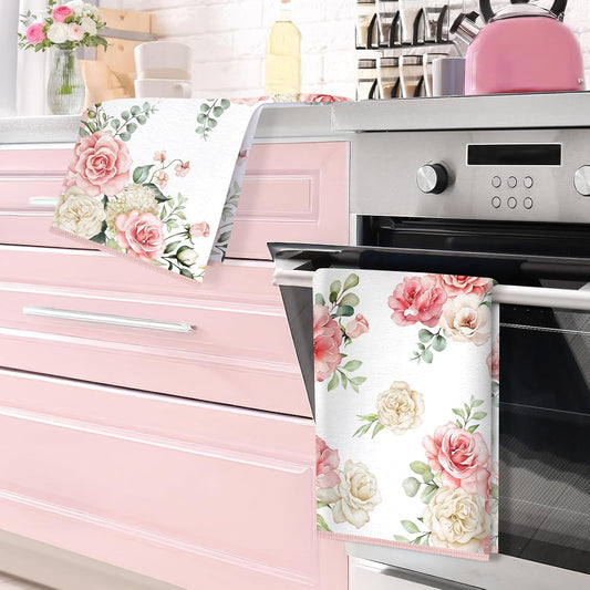Pink Flower Microfiber Kitchen Towels, Soft Absorbent Watercolor Floral Hand Towel 15.7 × 23.6 Inch, Thick Dish Cloth for Party Anniversary Holiday Decoration, Housewarming Gifts for Mom