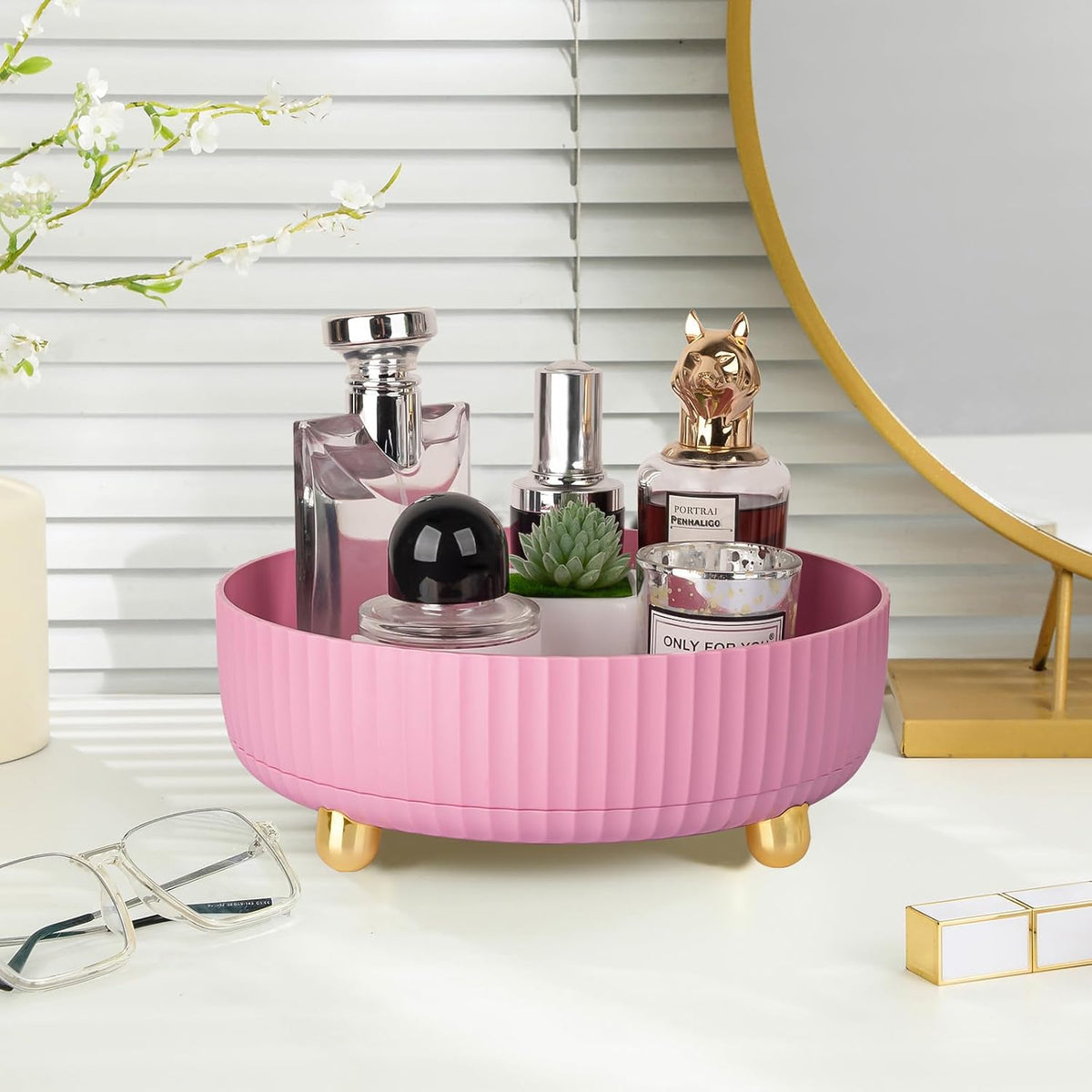 360 Rotating Makeup Perfume Organizer Skincare Tray, Small Pink