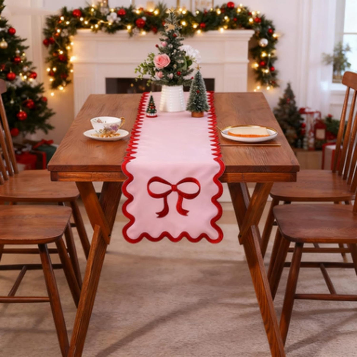 15" x 69" Pink Bow Table Runner for Wedding Christmas Birthday Party Decorations Cute Embroidered Ruffle Red Pink Bows Table Runner for Baby Shower Valentines Day Home Kitchen Dining Room Decor