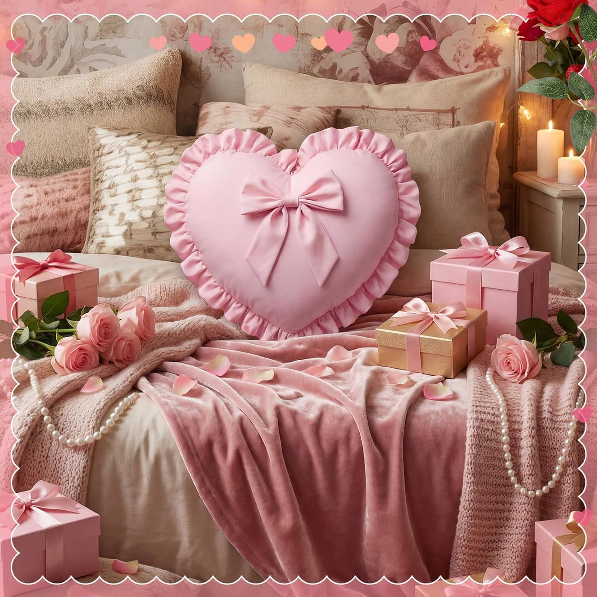 Pink Heart Pillows with Bow 18 x 16 Inch Cute Coquette Ruffle Heart Throw Pillow Decorative Cushion for Wedding Party Room Bed Sofa Couch Decor