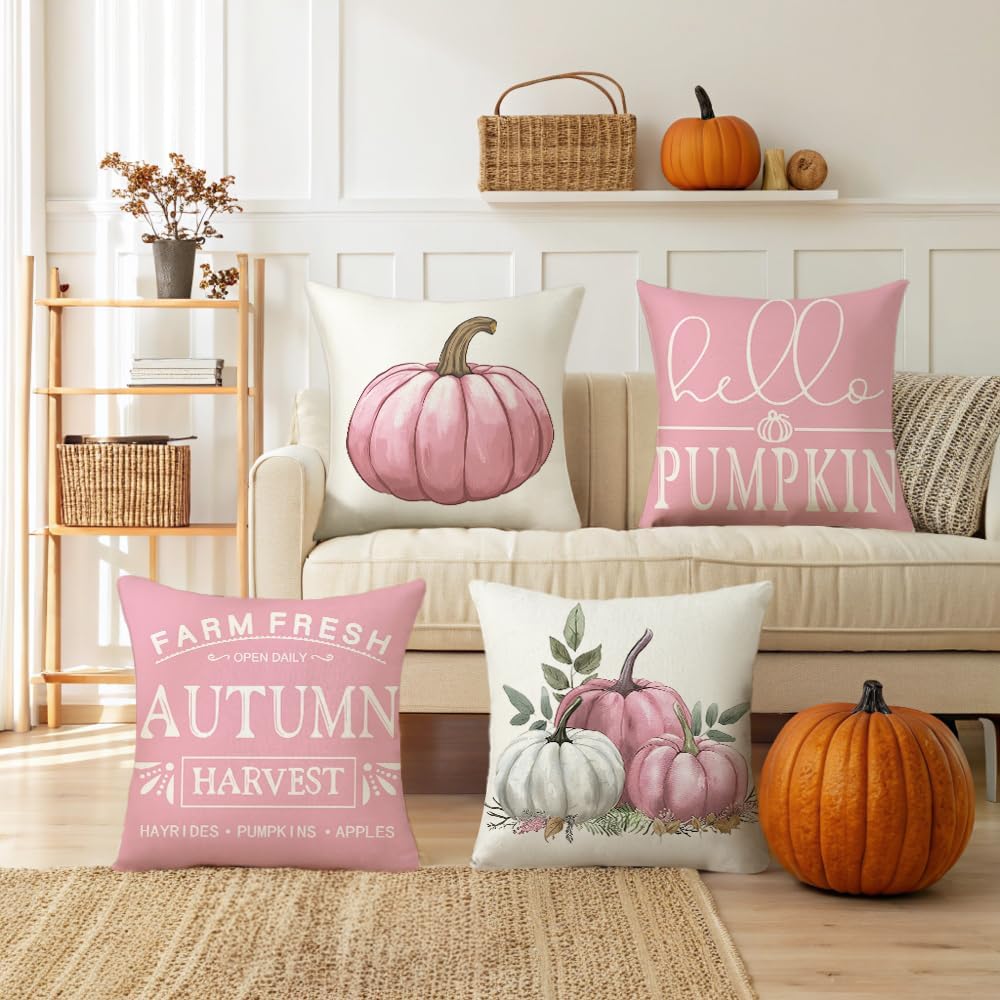 Pink Pumpkin Pillow Covers 20x20 Inch Set of 4 Hello Pumpkin Indoor Outdoor Decorative Throw Pillow Cover Farmhouse Autumn Pillow Case Thanksgiving Harvest Bedroom Sofa Cushion Couch Decor