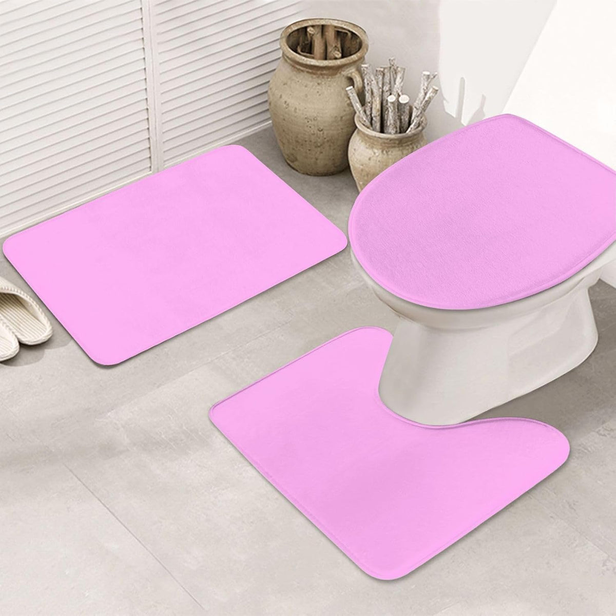Bathroom Rugs Sets 3 Piece - Light-Pink Print Absorbent Non Slip Washable Bath Mats, U-Shape Toilet Lid Cover, Contour Mat, Soft Shower Mats Bath Rug Mat for Bathroom Tub Toilet