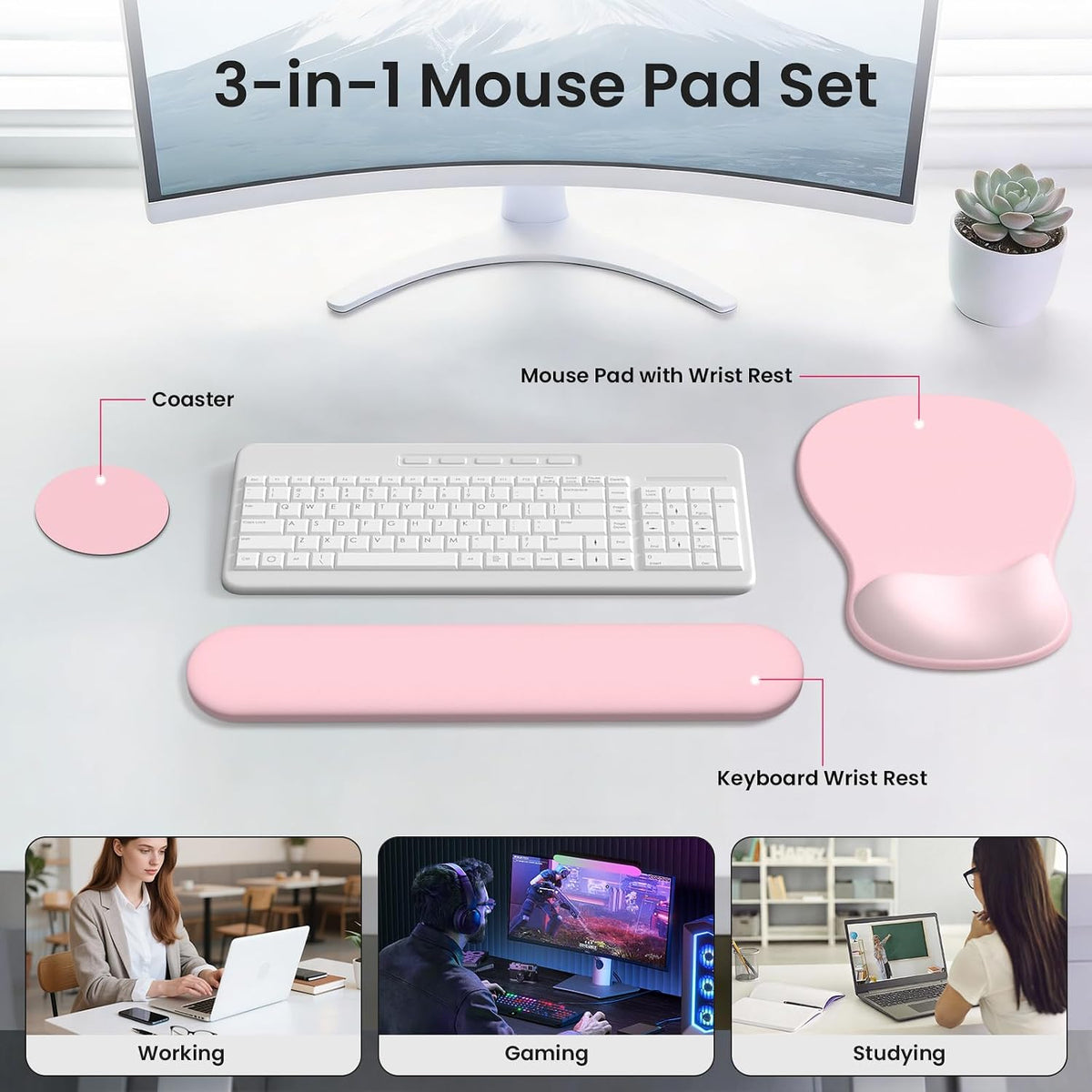 AKIT Ergonomic Mouse Pad and Keyboard Wrist Rest Set,Memory Foam,Pink