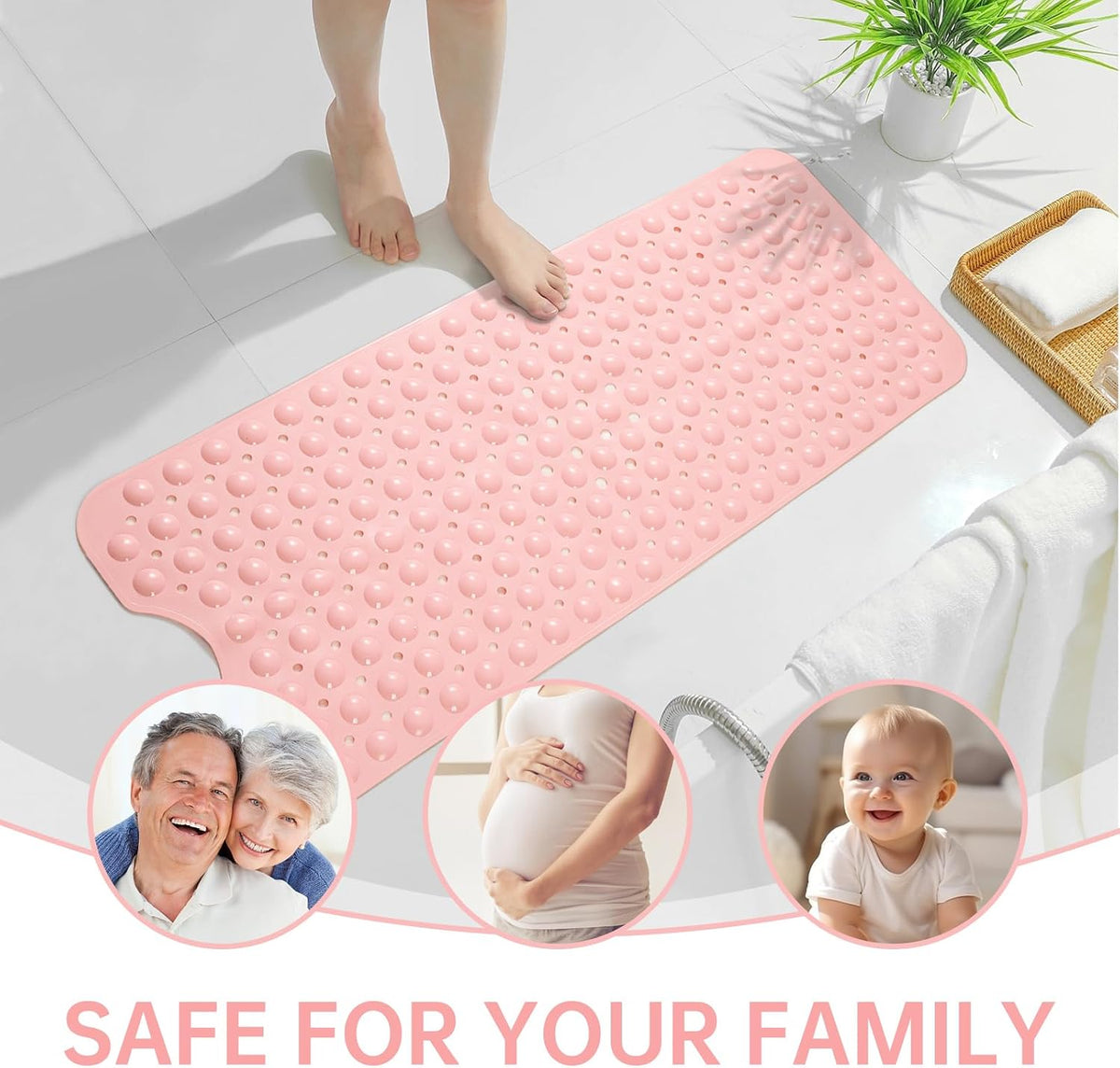 Bathtub Mats for Shower Tub Non-Slip Bath Mat 39 x 16 Inch Extra Long Shower Mat, Bath Tub Mat for Bathroom with Machine Washable, BPA Free for Kids (Opaque Pink)