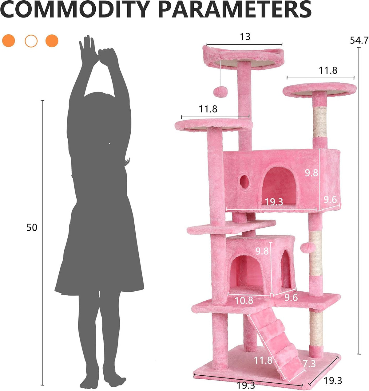 54" Cat Tree Tower | Pink | Sturdy Multi-Level Cat Tree