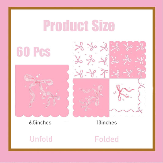 60Pcs Pink Bow Napkins-Coquette Birthday Decorations Bow Birthday Party Pink Bow Theme Table Decoration for Girls Bachelorette Bridal, Baby Shower Party Supplies