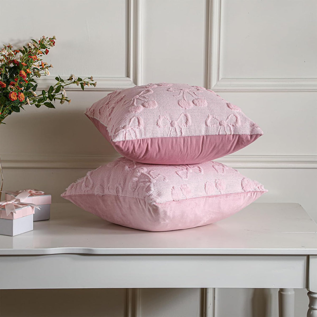 Pink Bow Pillow Covers Set of 2 Cute Cherry Throw Pillow Cover 18 x 18 Coquette Decor Preppy Soft Fluffy Plush Pillowcover Aesthetic Gift for Girls Room Decor Living Room Sofa Couch