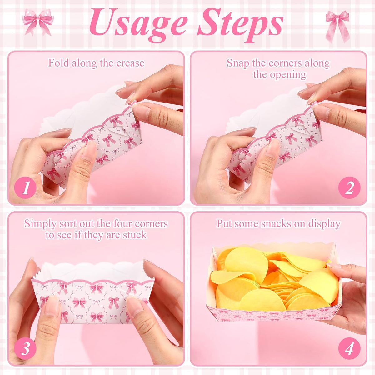 60 Pcs Pink Bow Birthday Decorations Pink Bow Theme Party Paper Food Trays