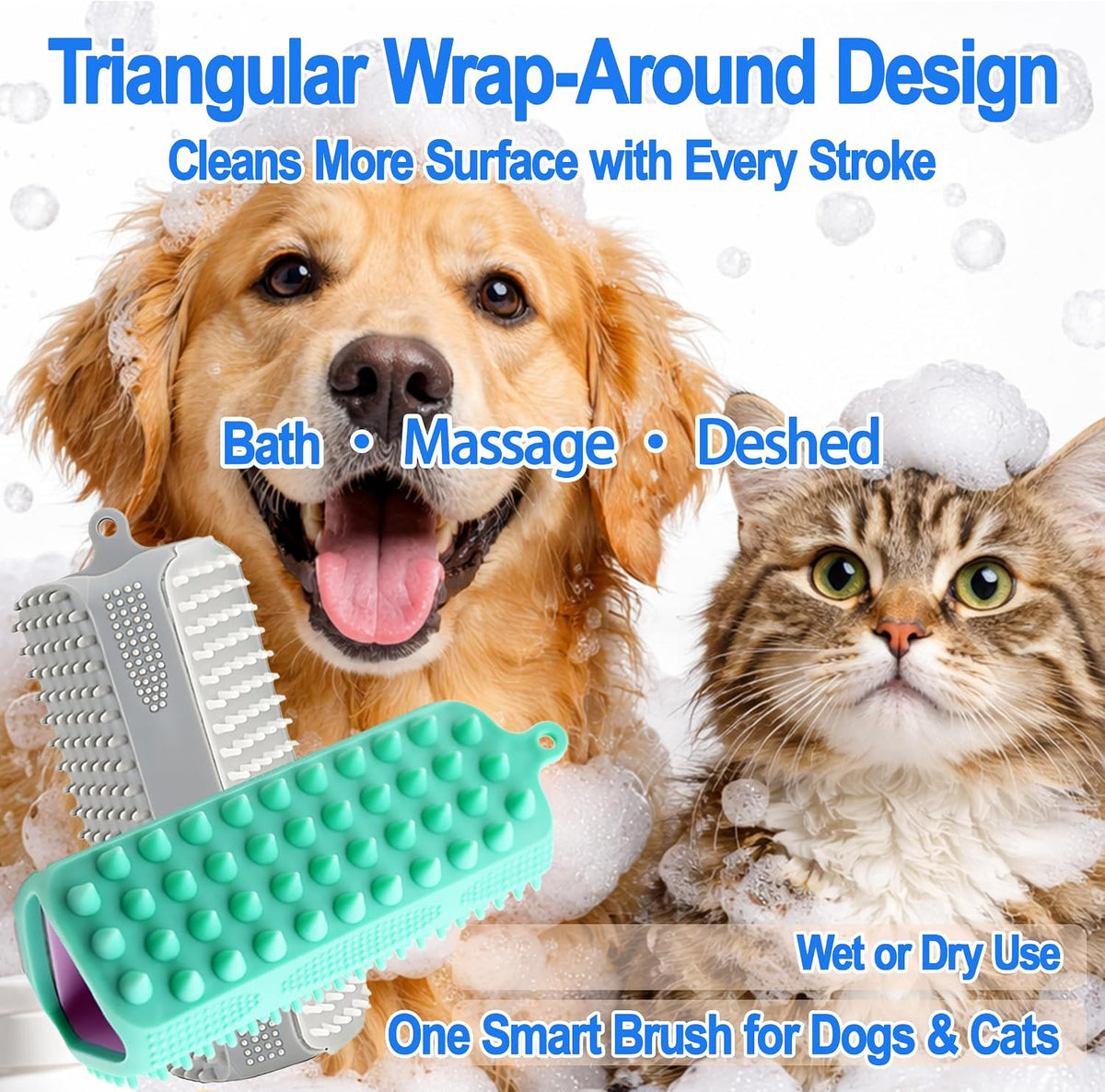 Triangular Wrap-Around Pet Grooming & Bath Brush for Dogs & Cats – 3-in-1 Silicone Dog Bath Brush with Deshedding Bristles, Massage Cones & Deep Cleaning Nubs, Soft Flexible Self-Cleaning Design,Pink