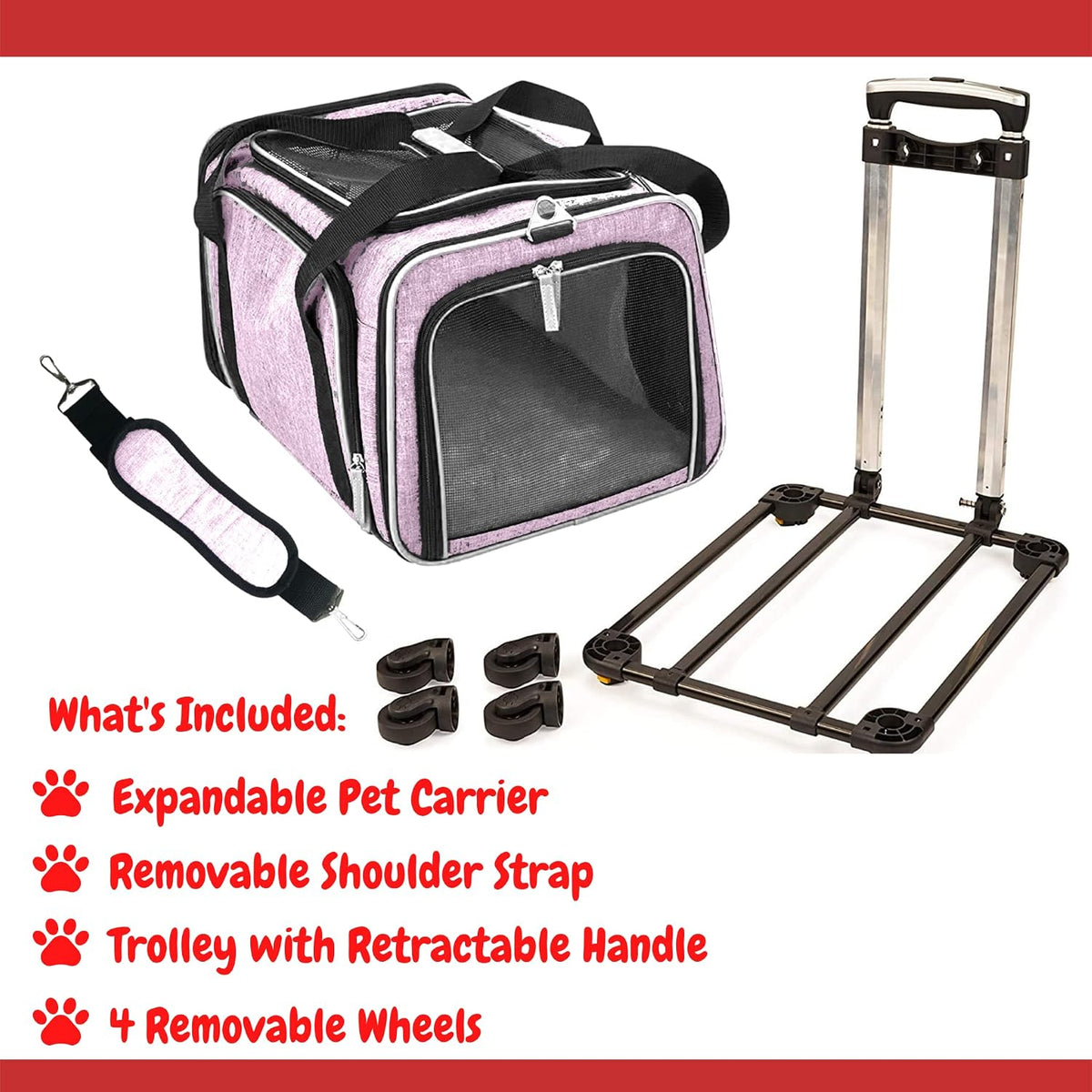 RUFF LIFE 101 Airline Approved Expandable Premium Pet Carrier on Wheels- Two Sided Rolling Carrier- Designed for Dogs & Cats- Extra Spacious Soft Lined Carrier! - Pink (RL-PET-CARRIER-WHEELS)