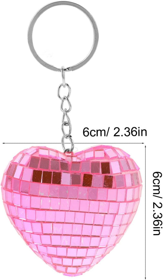 4pcs Pink Heart-shaped Reflective Mirror Disco Ball Keychains, Mini Bag Hanging Ornaments for Party Favors and Christmas Decorations