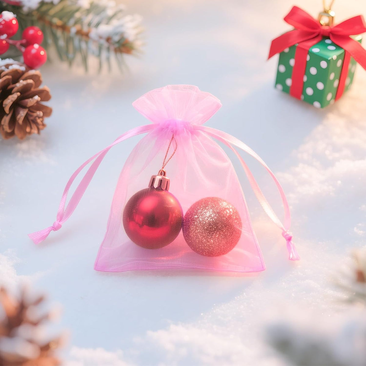 50Pcs Pink Organza Chiffon Gift Bags, 2.7x3.5 Inch, Valentine's Day, Solid Pattern