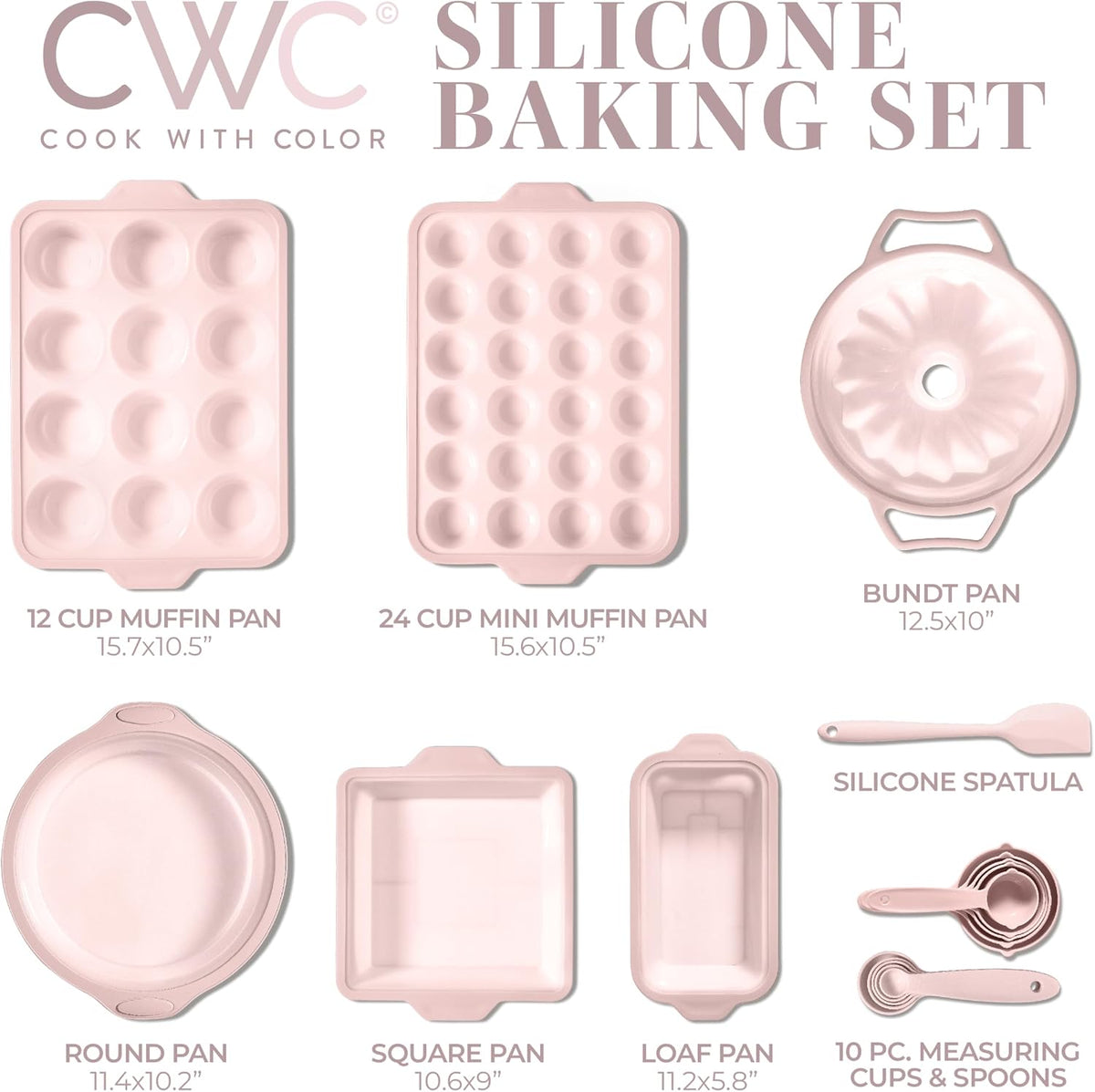 17 Pc. Silicone Baking Pan Set - Non-Stick & Easy Clean Silicone Muffin Pans for Baking with Sturdy Metal Frame for Stability, Flexible Cake Molds, Includes Measuring Cups and Spoons