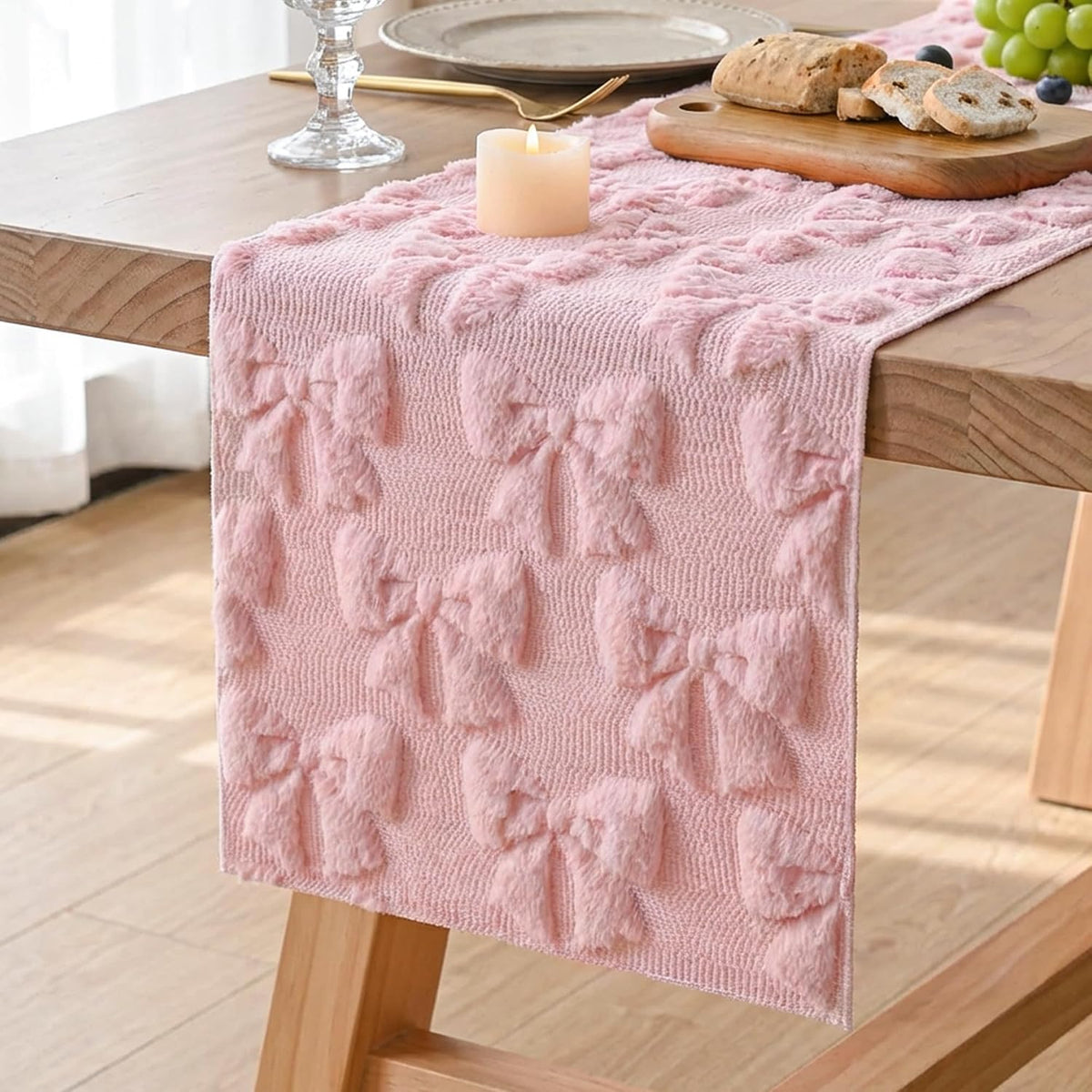 Pink Bow Table Runner Soft Plush Tufted Faux Fur Jacquard Embroidery Spring Table Runner for Dining Table Spring Decorations for Home Kitchen Decoration Party Decor 13x72 Inch
