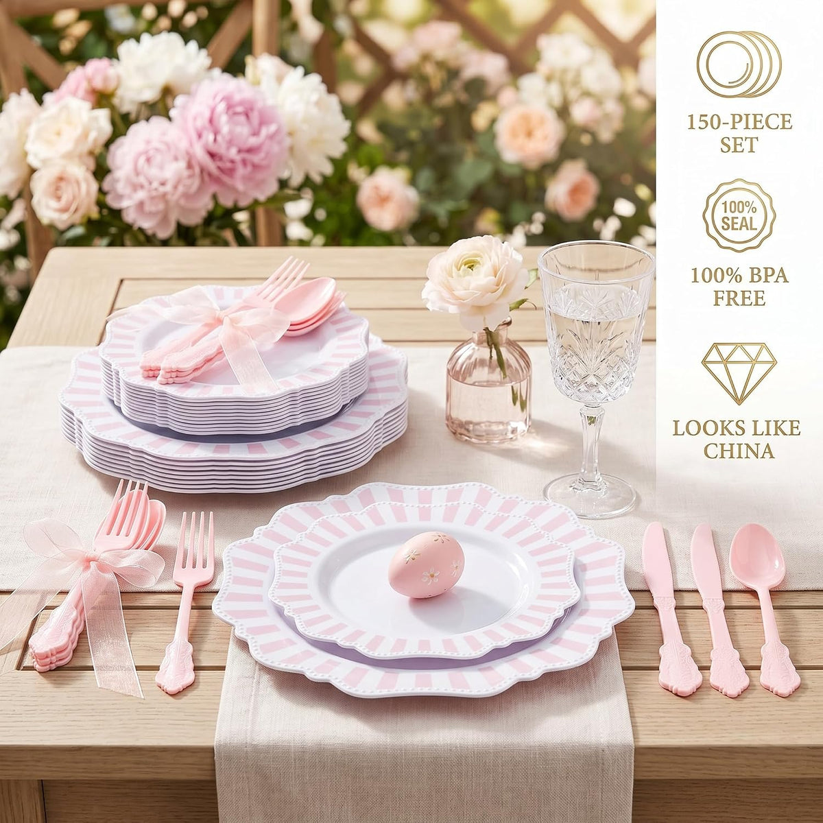 150PCS White Pink Plastic Plates, Party Plates and Cutlery Set.