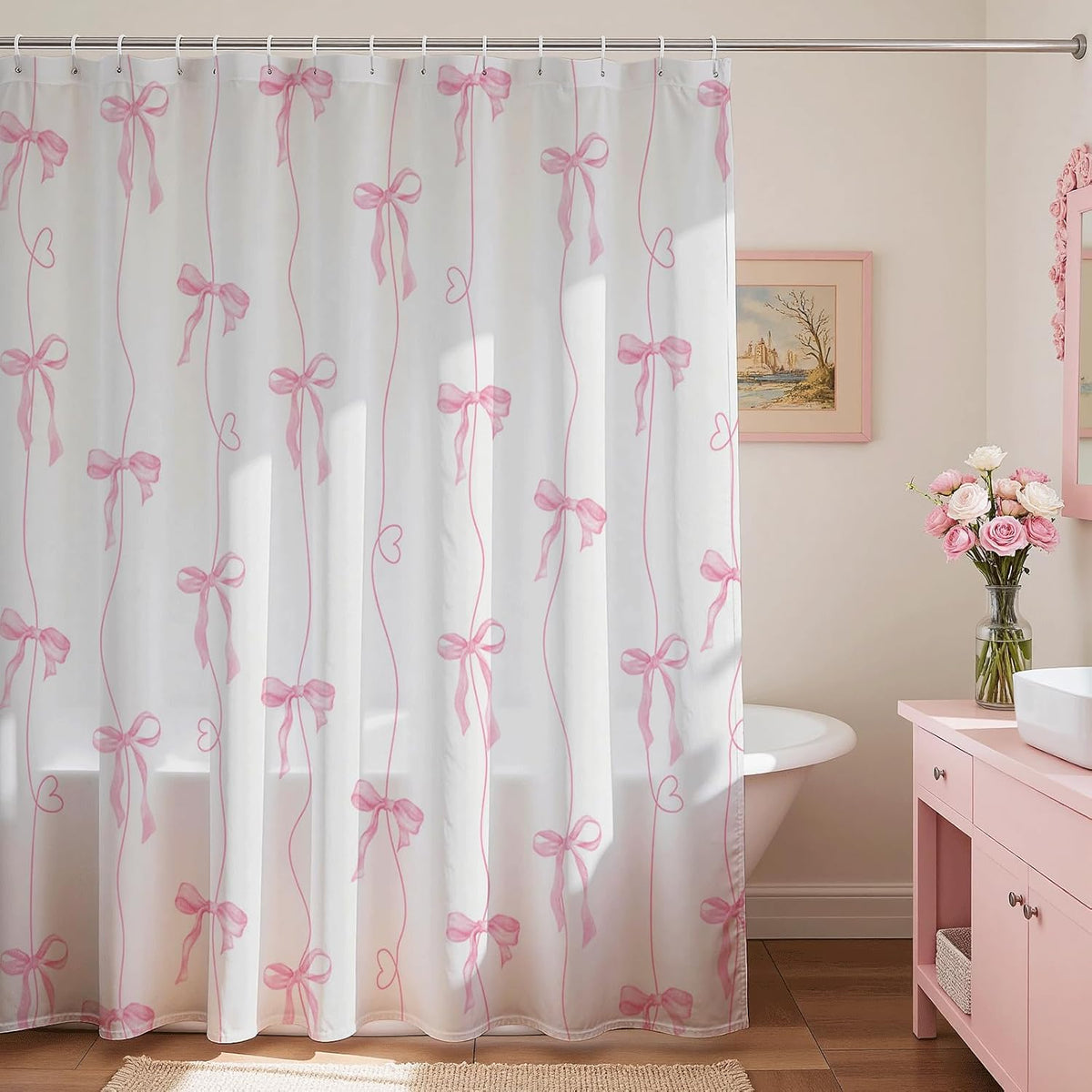 Pink Bow Shower Curtain for Bathroom, Coquette Cute Shower Curtain for Girls Women Waterproof Fabric Bow Bathroom Decor Bath Curtain with 12 Hooks, 72 X 72 Inch