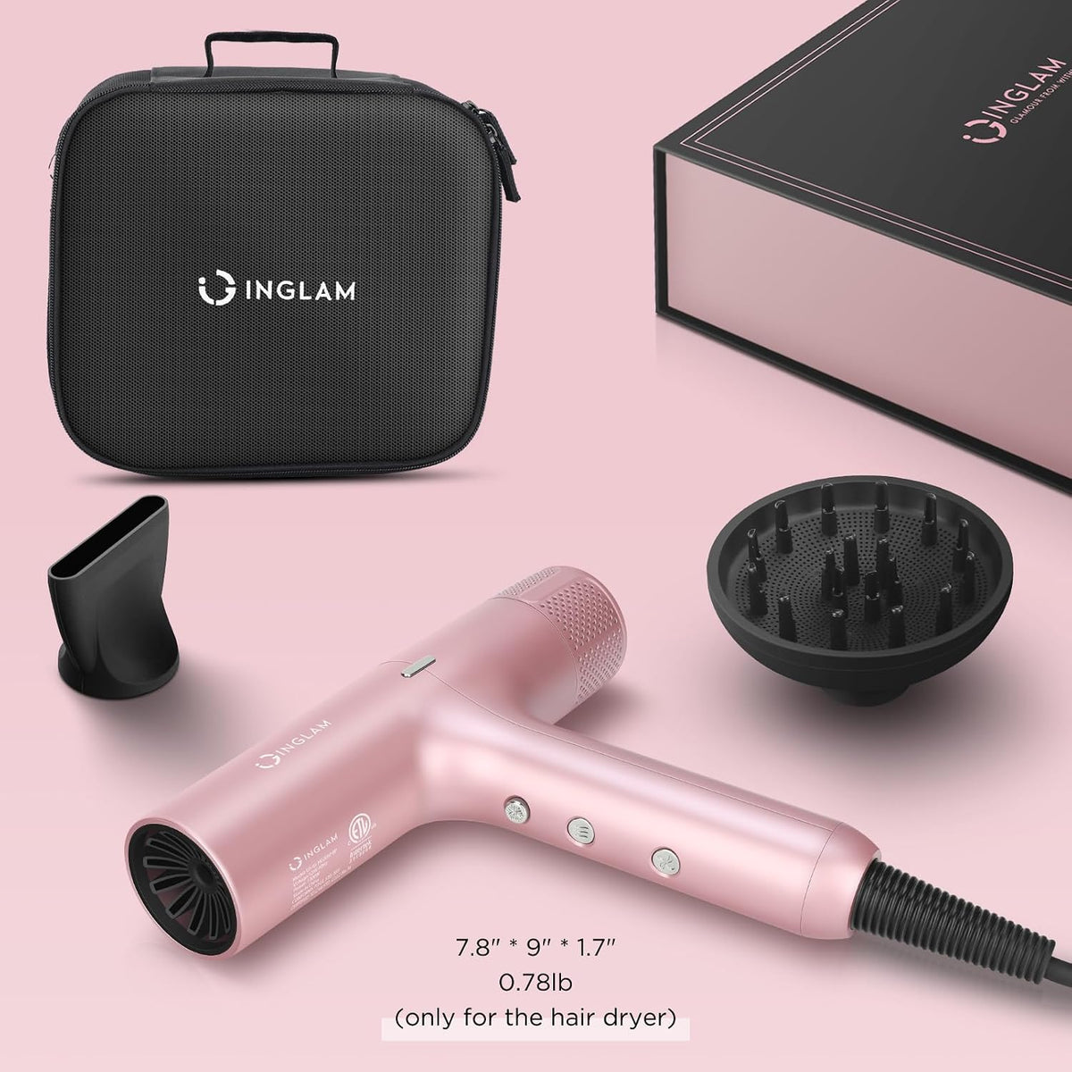 IG Hair Dryer with Diffuser for Women, 1300W Ionic Blow Dryer with LCD Display, 3 Temps & 3 Speeds High-Speed Travel Hair Dryer with One Button Cool Air, Slim&Lightwight, Store Bag, Rose Pink