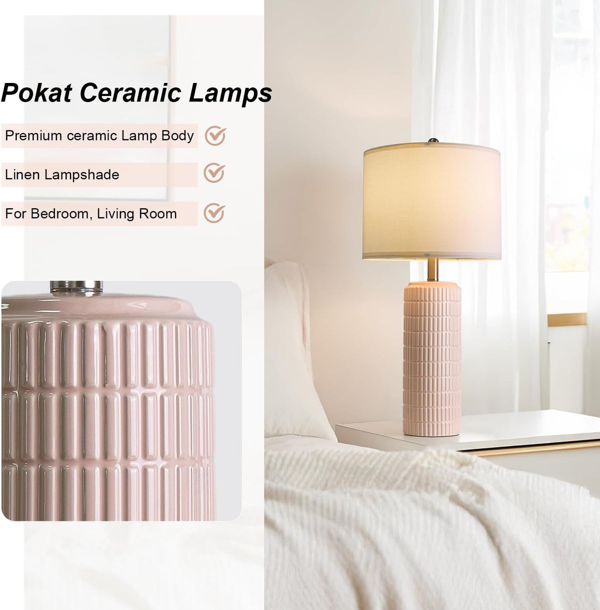 27.5" Pink Ceramic Table Lamps for Girls Room Set of 2, Modern Bedroom Lamps, Bedside Lamps for Night Stands Living Room, Cute Lamps Pink Decor, Nightstands Desk Nursery