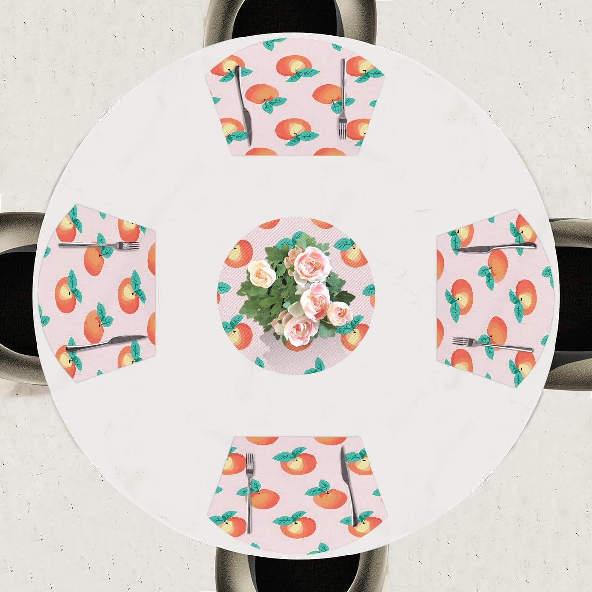 PVC Wedge Placemats for Round Tables Set of 5,Waterproof Heat-Resistant Table Mats, 17.7x11.8 Inch, Fruits Peach Pattern Printed Decor