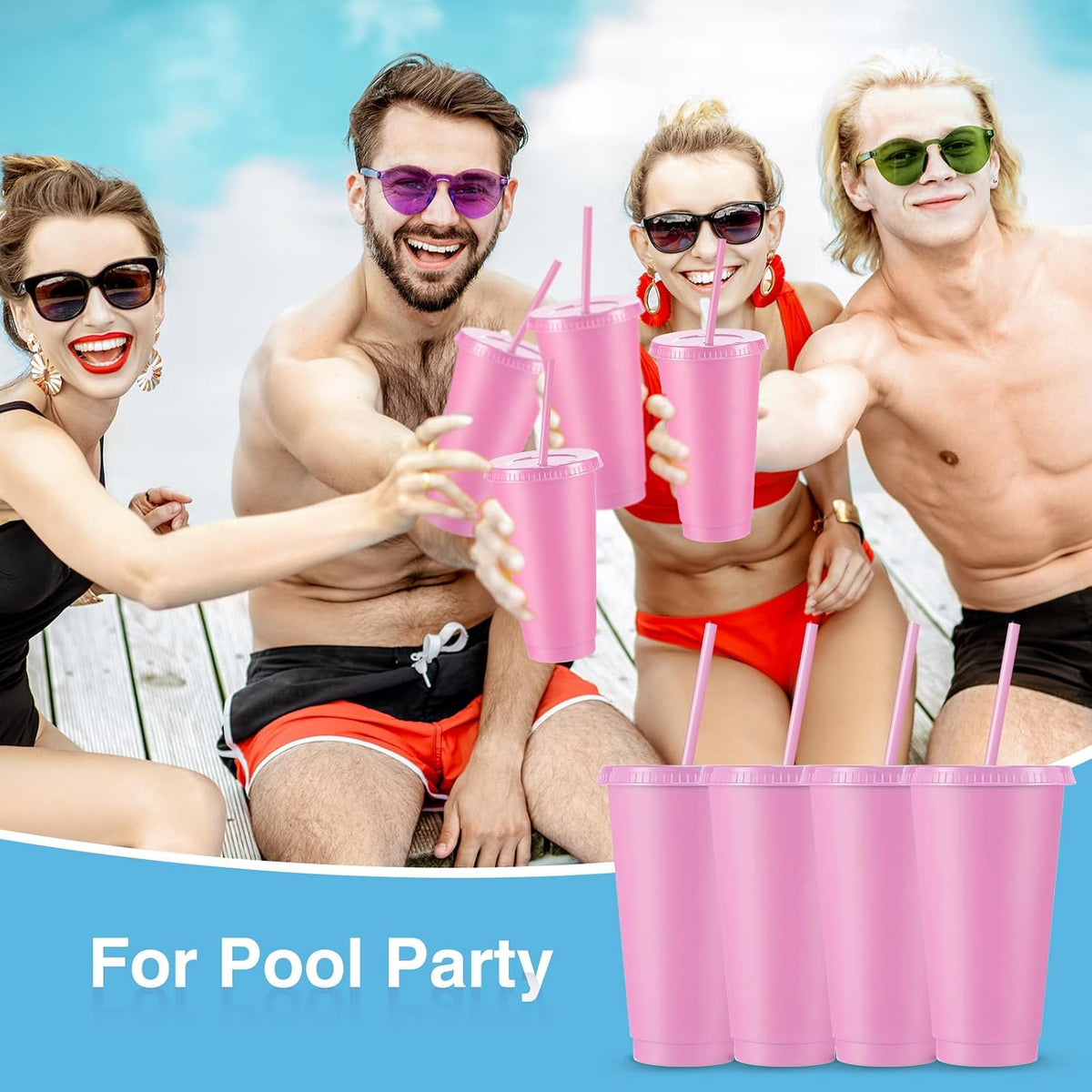12 Pcs Reusable Plastic Cup with Lid and Straw 24 oz, Pink