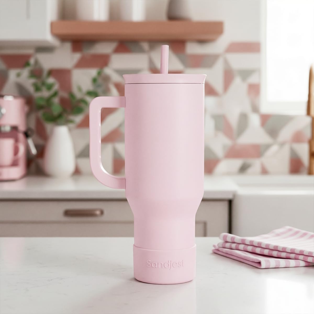 Light Pink 40oz Tumbler with Handle and Straw, Insulated Stainless Steel Travel Coffee Mug for Women Girls, Gift Idea for Birthday Christmas Mothers Day