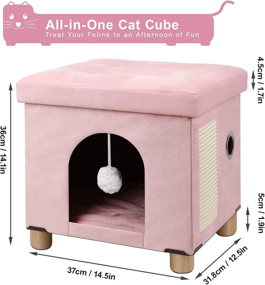 Cat House for Indoor Cats,Cat Bed Cave for Kitten with Scratch Board & Ball,14.5X 12.5X 14.1 inches, Pink