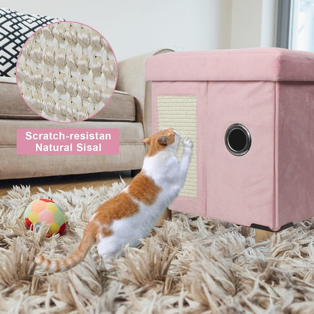 Cat House for Indoor Cats,Cat Bed Cave for Kitten with Scratch Board & Ball,14.5X 12.5X 14.1 inches, Pink