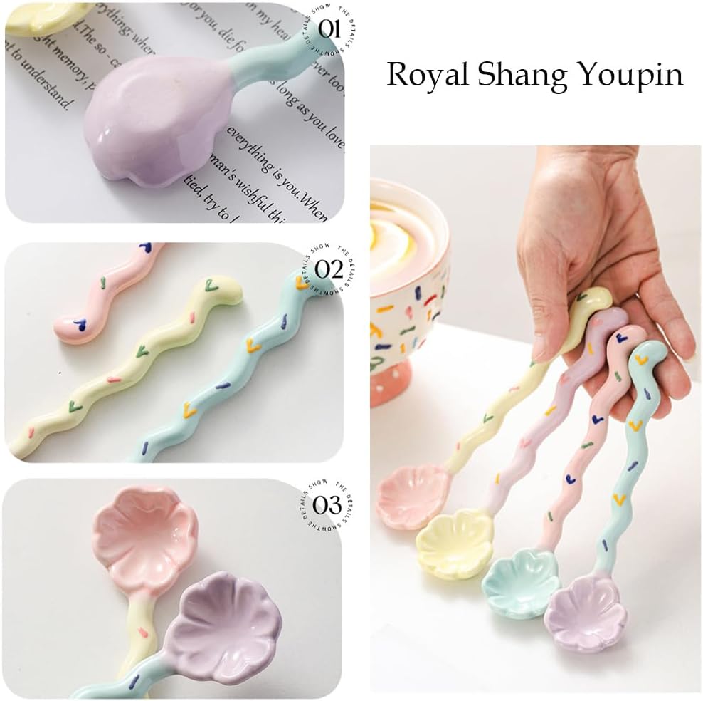 (4 Pieces) Macaron Cute Ceramic Long Handle Spoon Household Dessert Spoon Stirring Spoon Coffee Spoon Ice Cream Spoon (Pink)