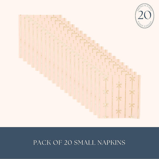 Bonjour Fête Light Peach Bow Small Party Napkins | 3-Ply Gold Foil Cocktail Napkins for Holiday Decorations | Premium Party Table Decor | Pack of 20, 5" Folded | Elegant Fancy Napkins