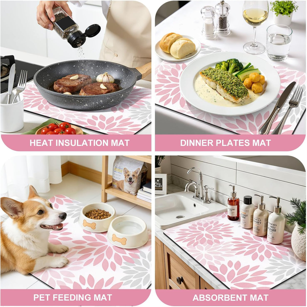 Floral Dish Drying Mat, 12" x 20" Absorbent Coffee Mat, Pink
