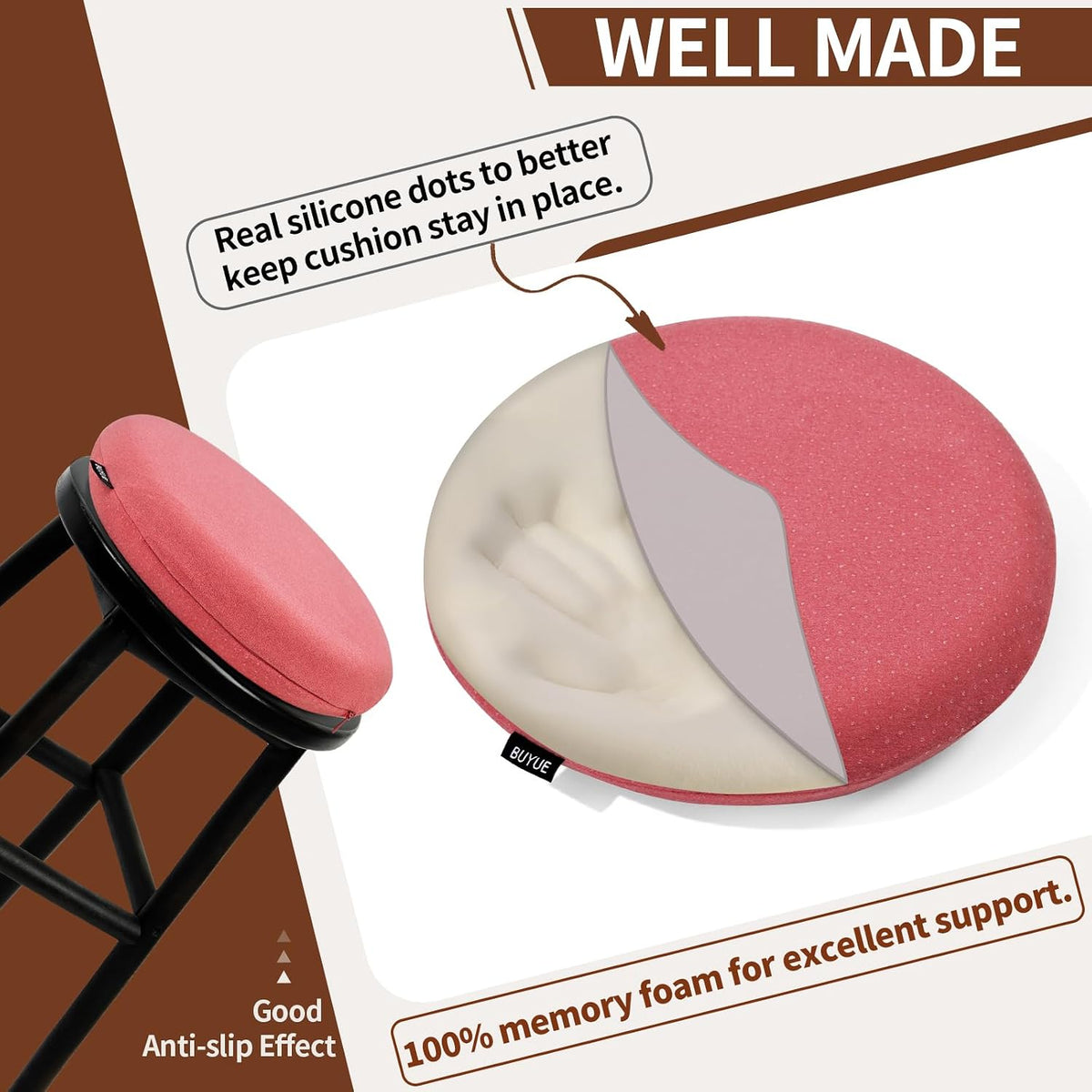 Memory Foam Seat Cushion, Dia 13" Soft Velvet Round Stool Cushion Anti-Slip Chair Pads, S, Rose Pink