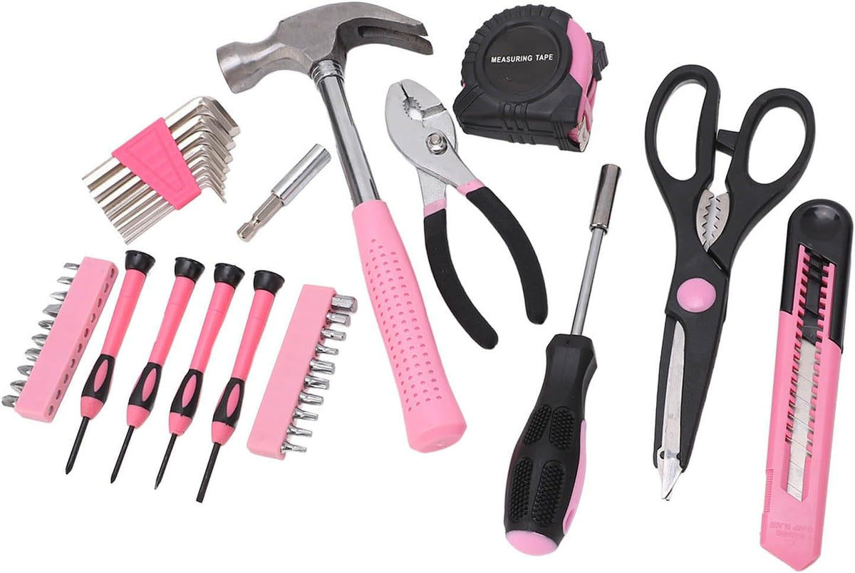 For Maintenance and Repair - 39 Piece Household Tool Kit - Pink and Black Hand Tool Set Including Claw Hammer Screwdriver Hex Wrench Pliers Tape Measure and Utility Knife with