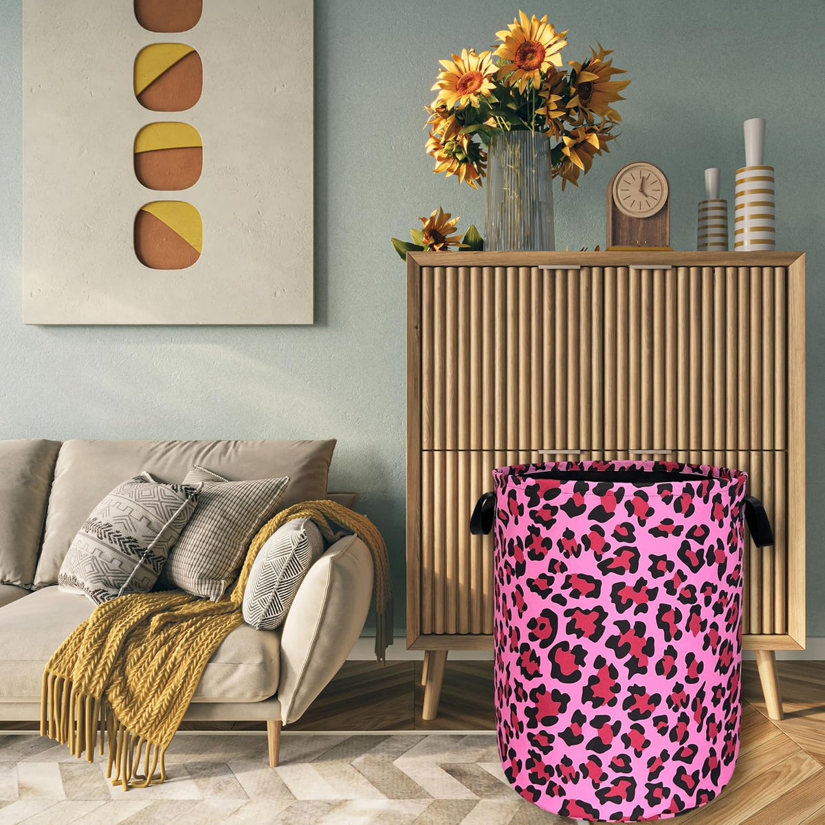 Pink Leopard Print Laundry Hamper Oxford Cloth Basket 18.9"x16.5"