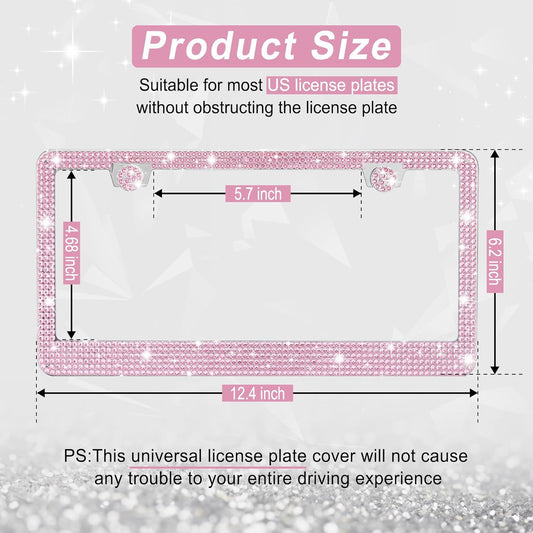 Bling License Plate Frame for Women, 2Pack Rhinestone Handcrafted Crystal Premium Stainless Steel, Stainless Steel Car Accessories with Diamond Sparkle Glitter Caps (Pink)