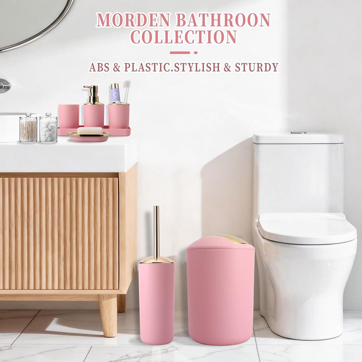 Pink Bathroom Accessories Set, Luxurious Complete 9-Piece Bath Decor Set with Trash Can, Toilet Brush, Soap Dispenser, Toothbrush Holder, Qtip Jars, Vanity Tray, Soap Dish and Tumbler Cup