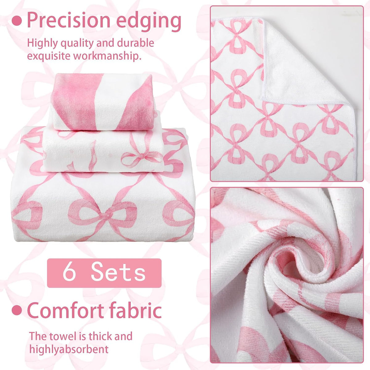 6 Pack Pink Bow Bathroom Towels Set Cute Beach Towel