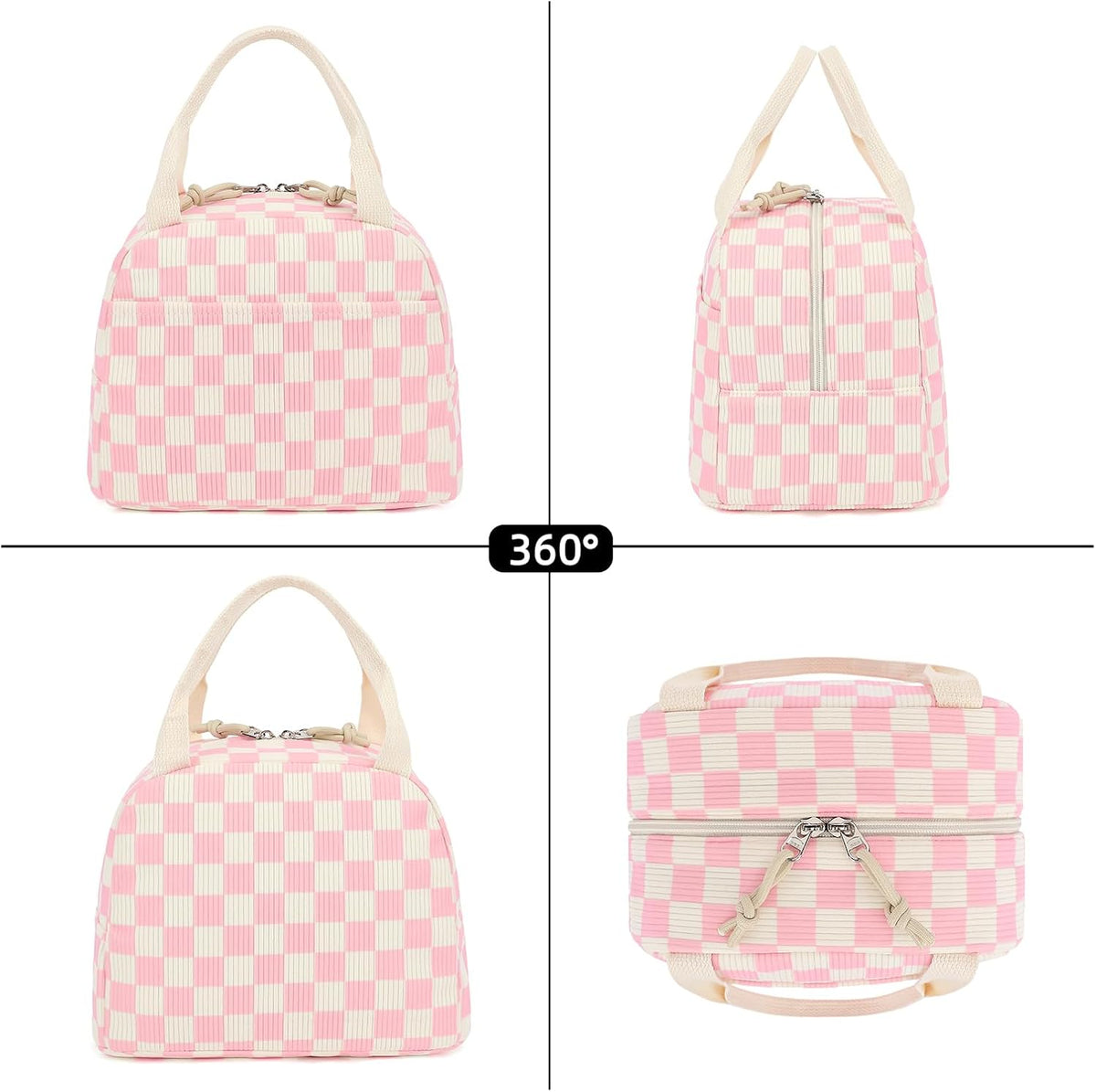 Corduroy Lunch Box for Women Girls, Lunch Tote Bags Reusable Insulated Cooler Lunchbag Large Capacity Lunchbox for School Work Travel Picnic (Checkered Pink)