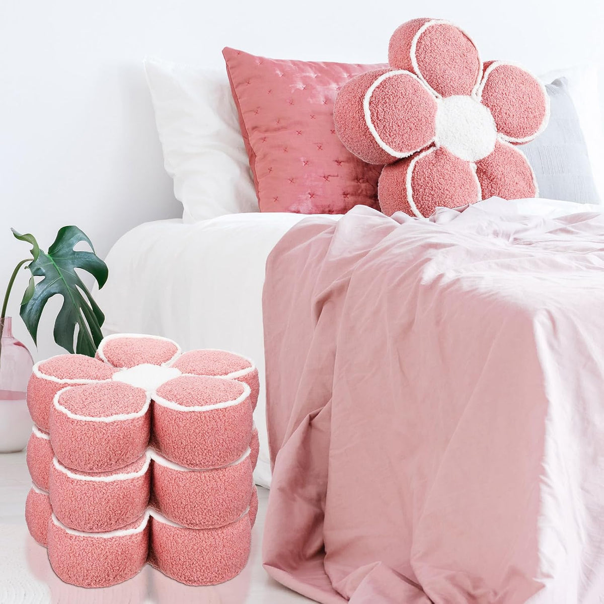2 Pack Flower Pillows Cute Flower Shaped Pillows Daisy Pillow Throw Soft Floor Cushion for Living Room Bedroom Sofa Couch Winter Warm Decoration 15.7 Inch(Pink)