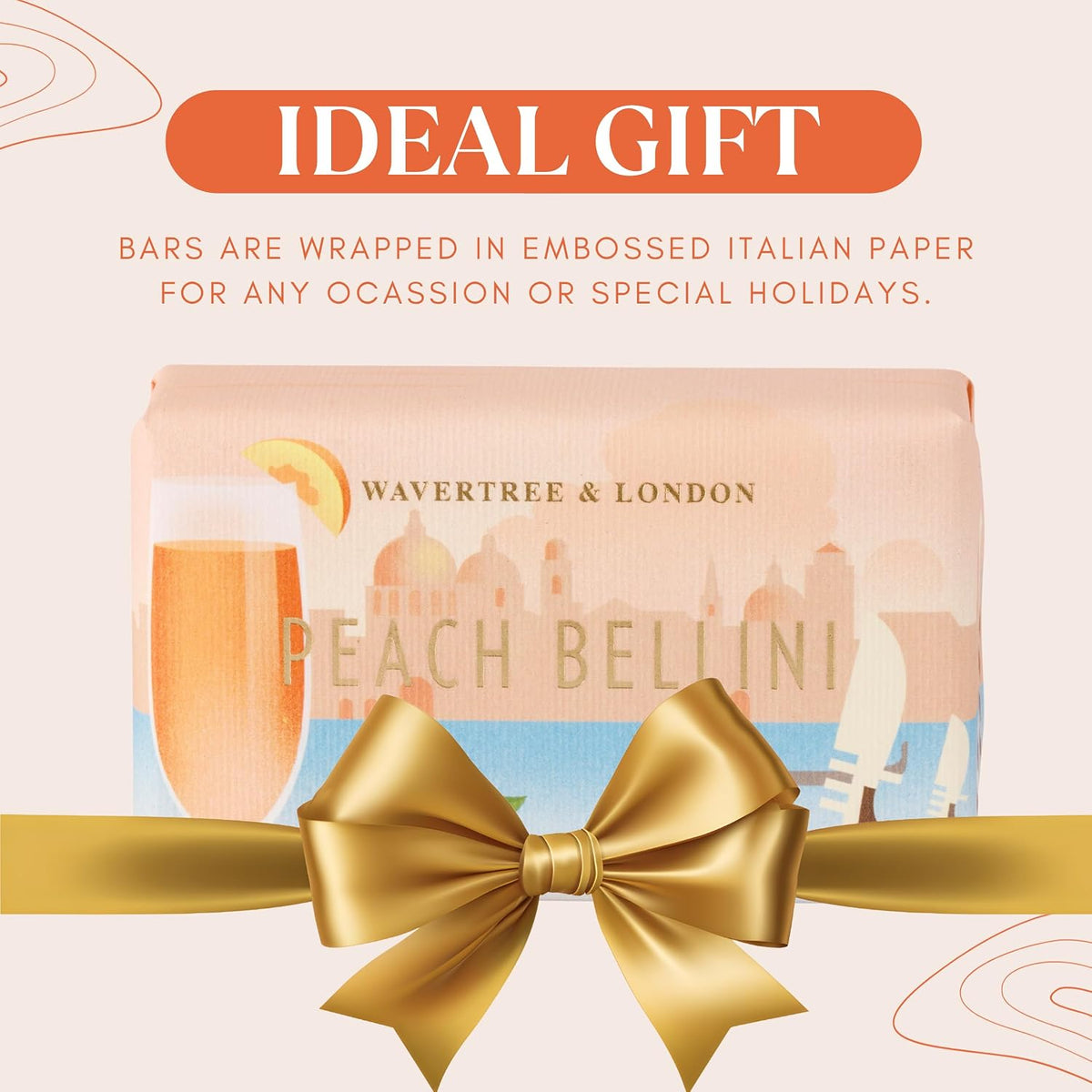 Wavertree & London Peach Bellini Scented Natural Soap (8 Bars), 7oz Moisturizing French Triple Milled Soap Bars enriched with shea butter - Pure Plant Oil Bath & Body Bars for All Skin Types
