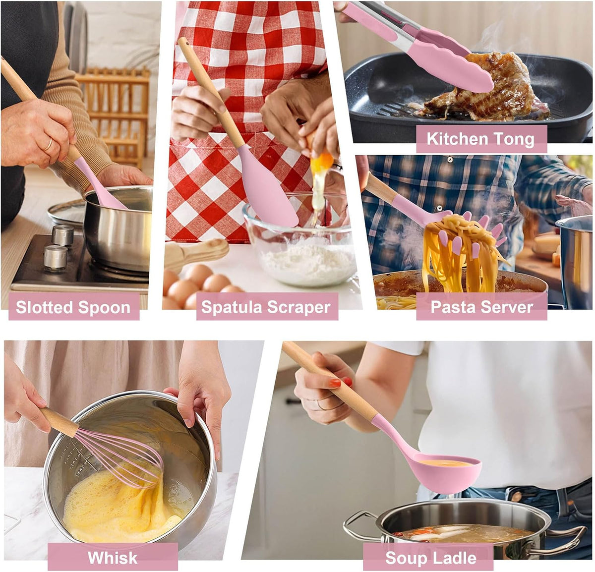 Silicone Kitchen Utensils Set, 15-Piece Heat Resistant Cooking Utensils with Holder, Cooking Kitchen Gadgets Tools for Nonstick Cookware, Wooden Handle, Pink